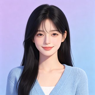 风月ai 人设-文艺女神，黑长直发浅蓝针织开衫3D卡通头像