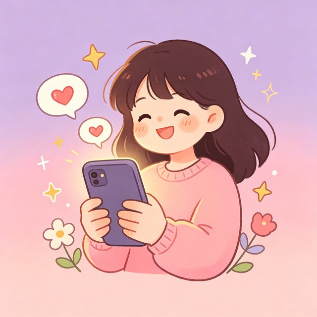 风月ai 产品插画，女孩抱着手机开心微笑，屏幕飘出爱心对话气泡